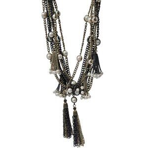 Statement Faux Pearl Chunky Chain Multi Strand Tassel Necklace Fashion Jewelry
